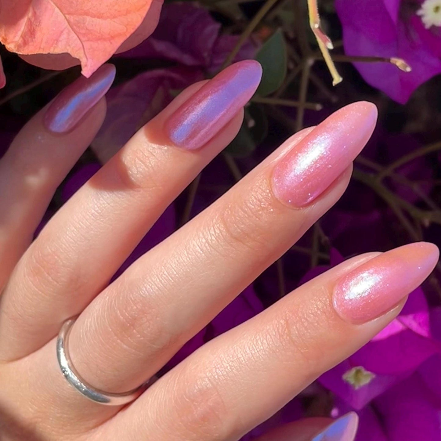 Long pale fingers end in long oval nails painted with a pale pink shimmer nail polish. The polish has blue to pink shifting shimmer and glows half in sunlight and half in shade.