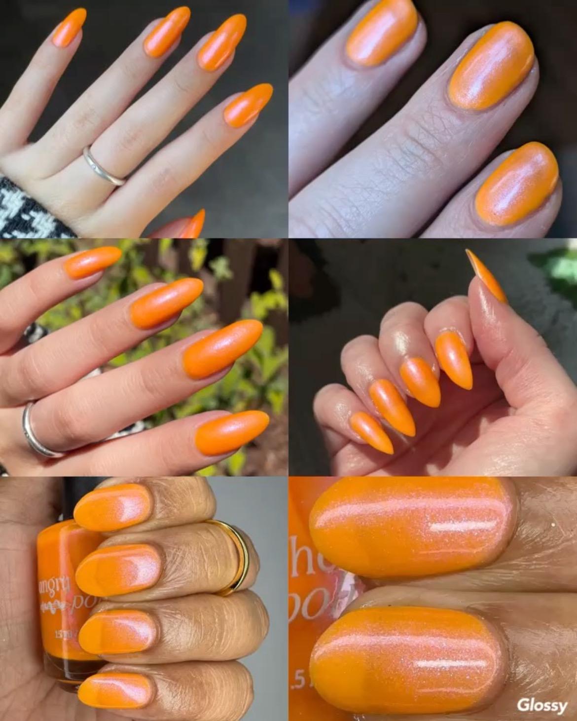 A grid of 6 photos of various hands and lightings with nails painted neon orange nail lacquer with pink-purple shimmer.