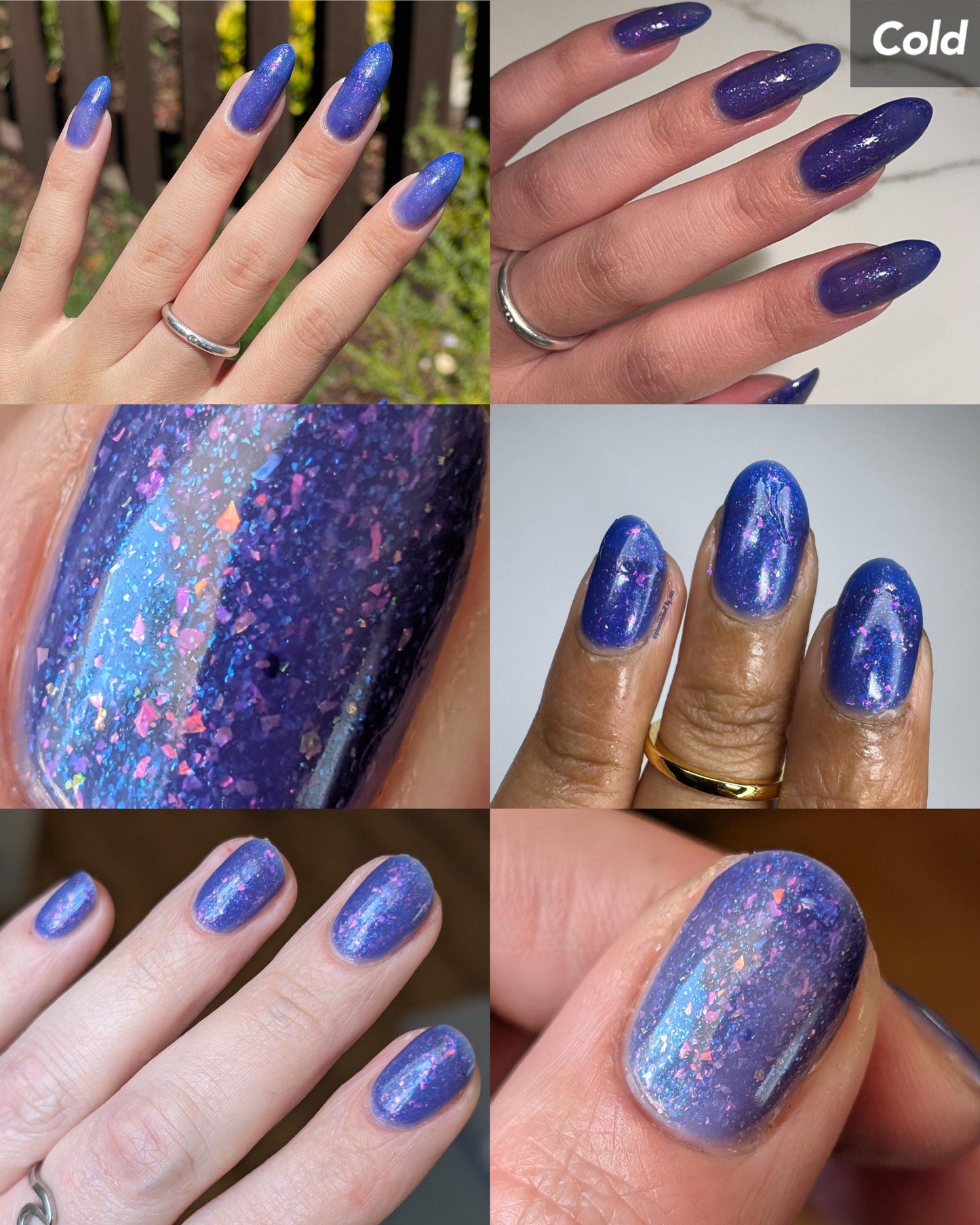 A collage of six photos showing various hands with nails painted a thermal polish in its cold state - dark blue. Polish is filled with iridescent green-pink flakes and blue shimmer.