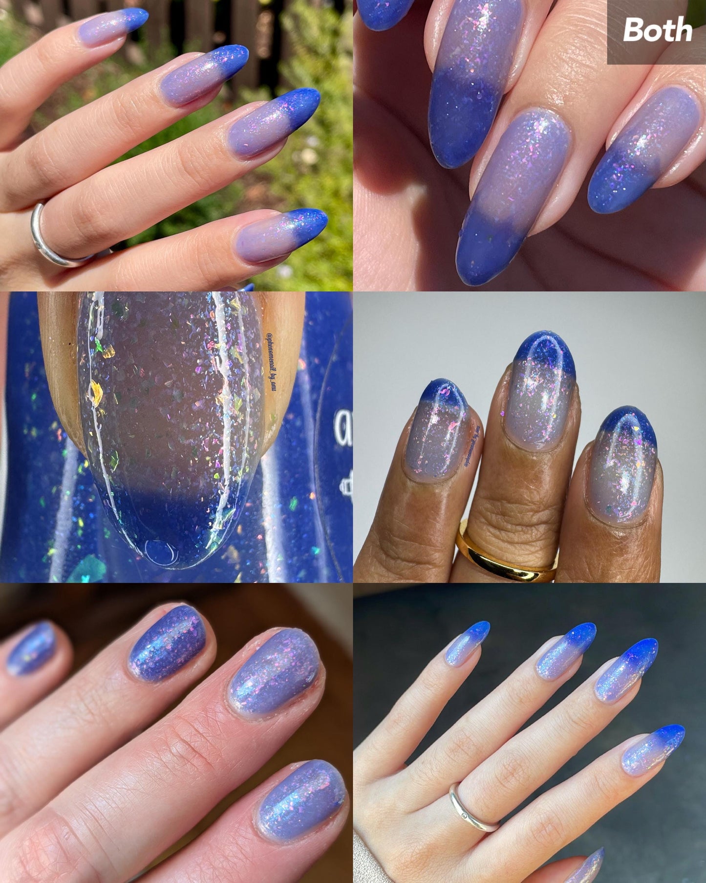 A collage of six photos showing various hands with nails painted a thermal polish that goes from dark blue at the tips (cold) to a blue-tinted clear (warm). Polish is filled with iridescent green-pink flakes and blue shimmer.