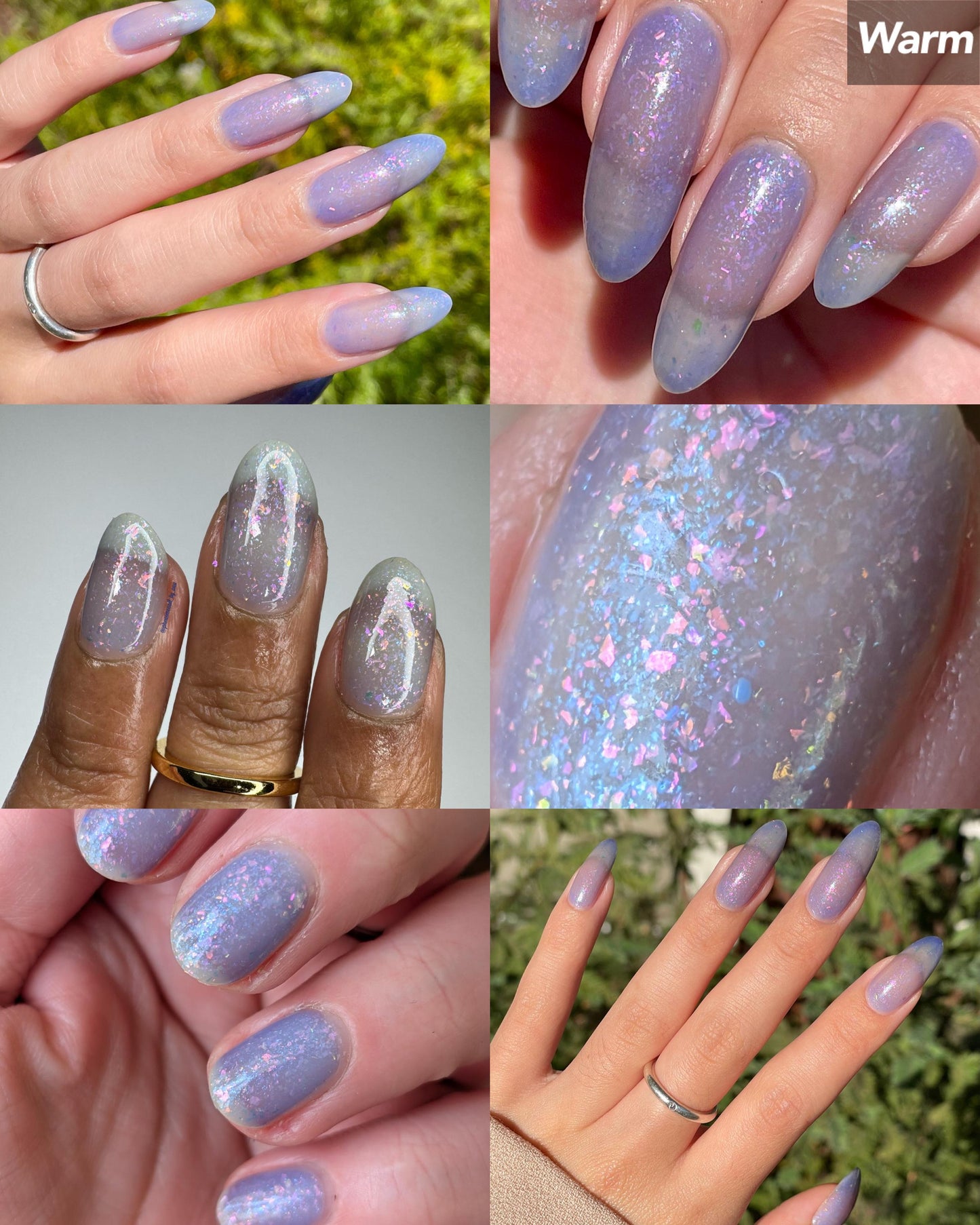 A collage of six photos showing various hands with nails painted a thermal polish in its warm state - a blue-tinted clear. Polish is filled with iridescent green-pink flakes and blue shimmer.
