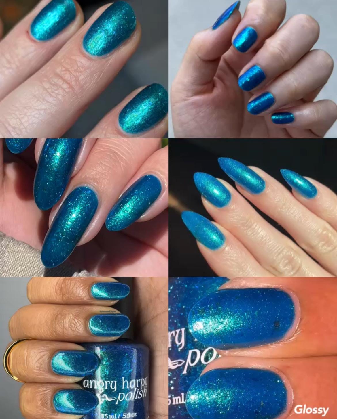A grid of 6 photos showing various hands in various lighting, all with nails painted a gorgeous, vibrant, shimmery deep teal color, packed with flakes and reflective blue glitter scattered throughout.