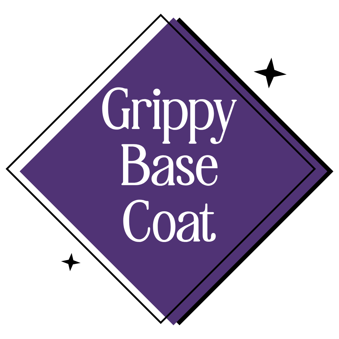 A purple diamond-shaped label with white text reading 'Grippy Base Coat' on a white background, with small black star accents.