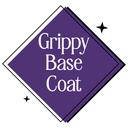 A purple diamond-shaped label with white text reading 'Grippy Base Coat' on a white background, with small black star accents.