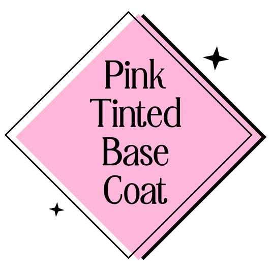 A pink diamond-shaped graphic with black text reading 'Pink Tinted Base Coat' on a white background, with small black star accents.