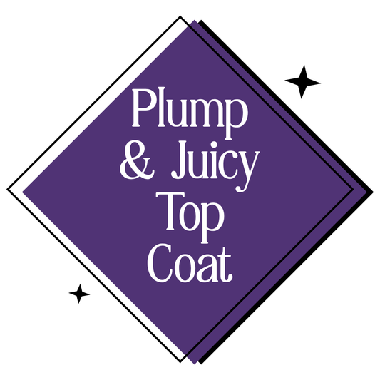 A purple diamond-shaped graphic with white text reading 'Plump & Juicy Top Coat' on a white background, with small black star accents.