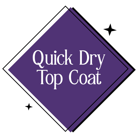 A purple diamond-shaped graphic with white text reading 'Quick Dry Top Coat' on a white background, with small black star accents.