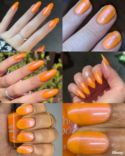 A grid of 6 photos of various hands and lightings with nails painted neon orange nail lacquer with pink-purple shimmer.