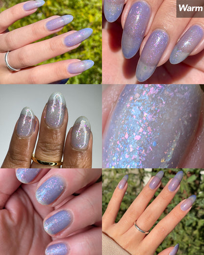 A collage of six photos showing various hands with nails painted a thermal polish in its warm state - a blue-tinted clear. Polish is filled with iridescent green-pink flakes and blue shimmer.