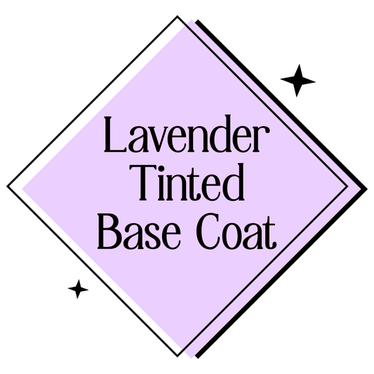 A graphic label with a lavender diamond shape outlined in black, containing the text 'Lavender Tinted Base Coat' in black serif font, on a white background with small black star accents.